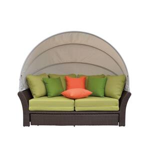 Eclipse Brown Wicker Outdoor Expandable Oval Day Bed with Green Cushion and Canopy