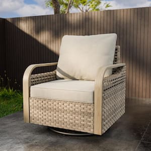Outdoor Patio Swivel Brown Wicker Outdoor Rocking Chair with Gray Cushions
