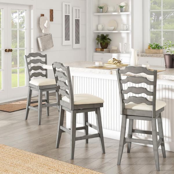 24 in. H Antique Grey French Ladder Back Swivel Chair with Beige Linen Seat