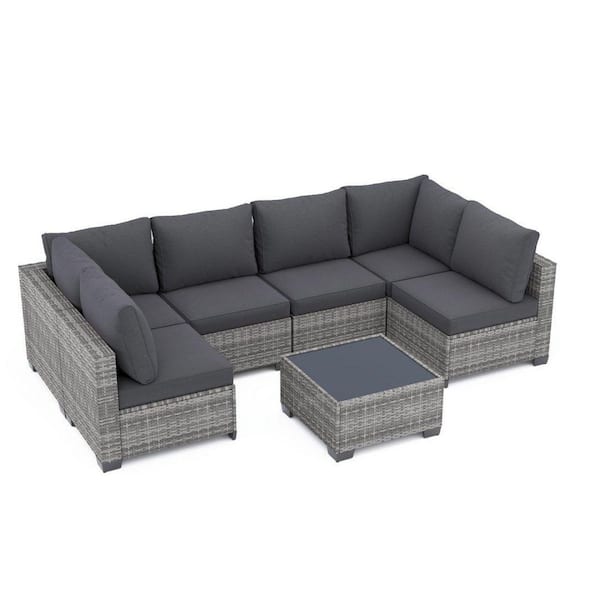 Runesay Modern 7-Piece Gray Wicker Rattan Outdoor Patio Sectional Sofa Set with Light Gray Cushions