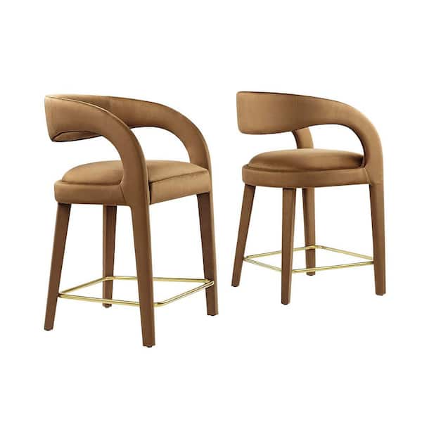 MODWAY Pinnacle 24.5 in. in Brown Gold Rubber Wood Performance Velvet Counter Stool Set of 2