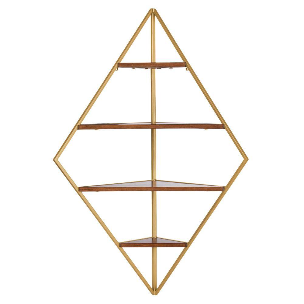 Walnut Brown Floating Corner Shelf with Gold Frame