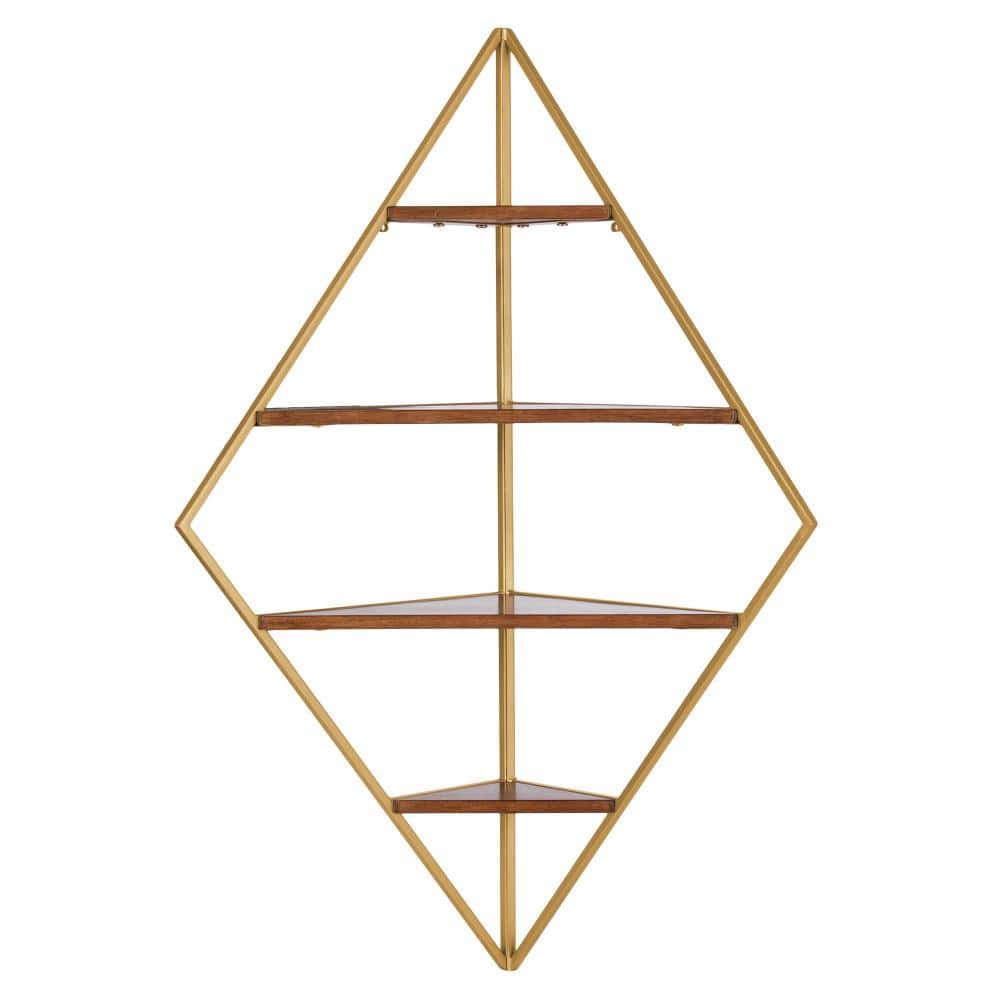 Walnut Brown Floating Corner Shelf with Gold Frame