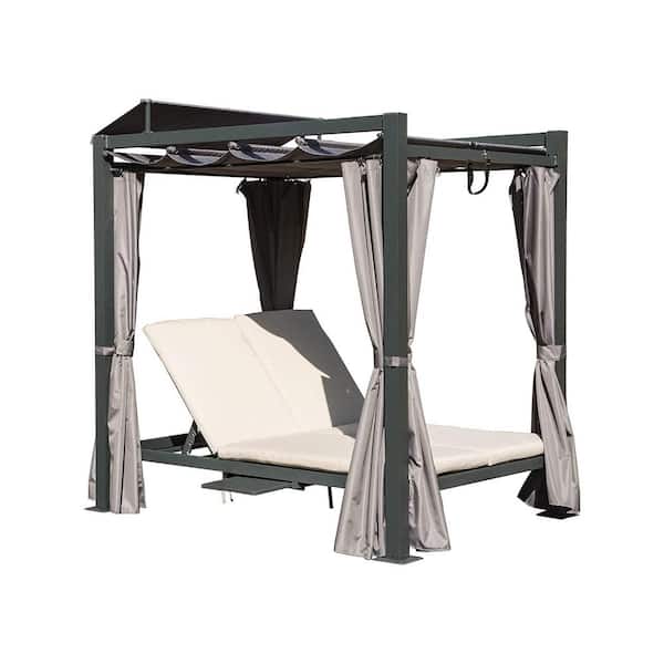 5 ft. x 6.5 ft. Gray Retractable Canopy Bed Double Chaise Lounge Outdoor Grey Curtain w/Beige Cushion & Cup Holder