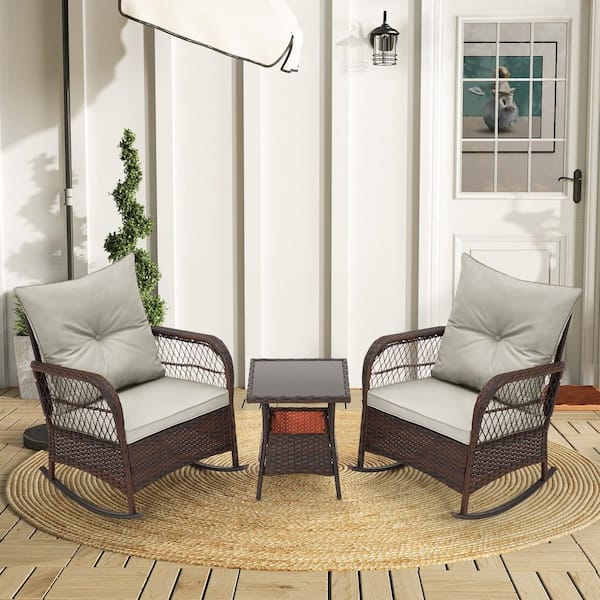 HOMMOW 3-Piece Outdoor Rattan Rocking Chairs Set, PE Wicker Patio Conversation Set with Tempered Glass Coffee Table, Gray