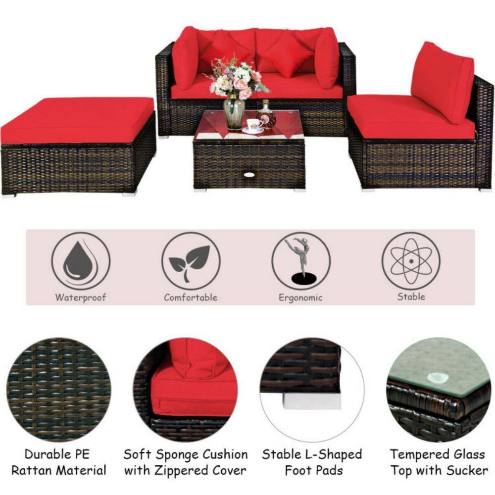 5-Piece Red Cushioned Rattan Patio Furniture Set with Ottoman