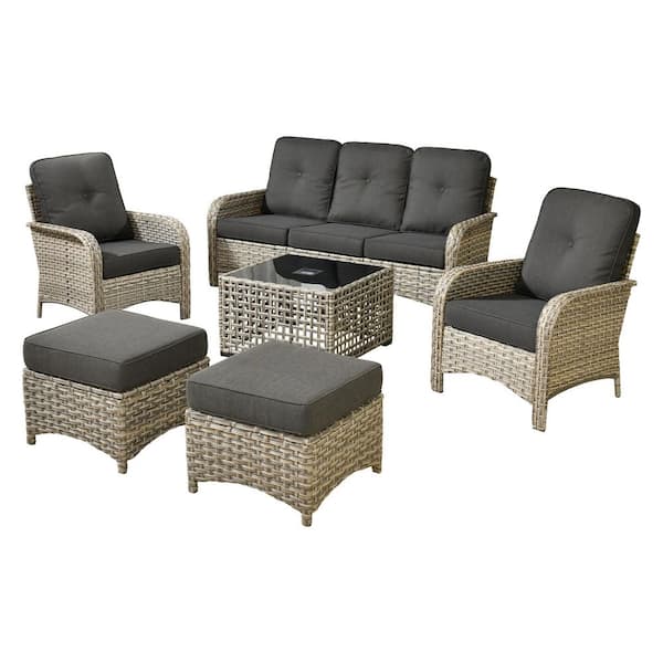 Ruby 6-Piece Wicker Outdoor Furniture Patio Conversation Sofa Set with a Solar-LED Coffee Table and Black Cushions