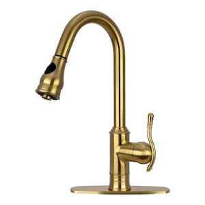 Single Handle Pull-Down Sprayer Kitchen Faucet in Brass Gold