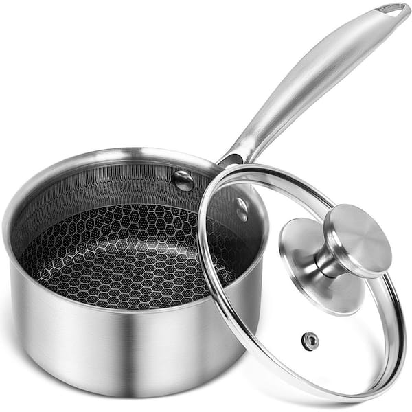 1 qt. Triply Stainless Steel Nonstick Sauce Pan with Honeycomb Hybrid Interior in Silver with Glass Lid