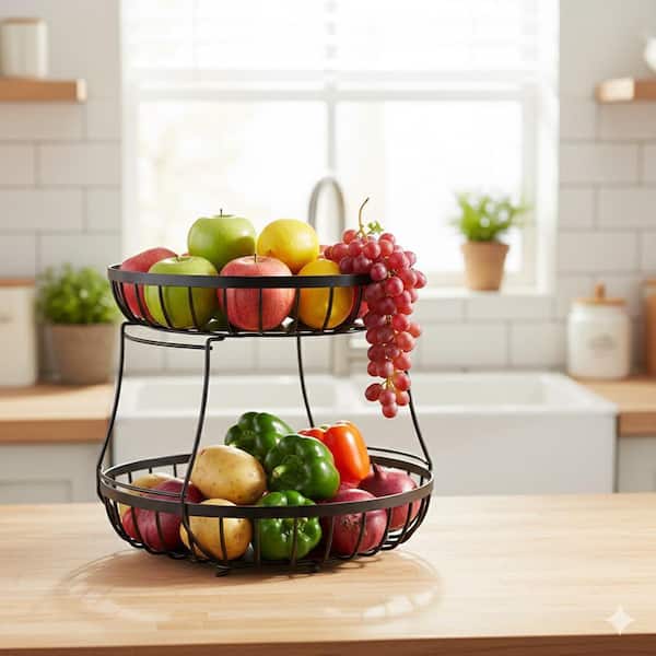 2 Piece Food Grade Liner Banana Hooks Stackable Metal Fruit Basket Bowl Holder Kitchen Counter Set Black