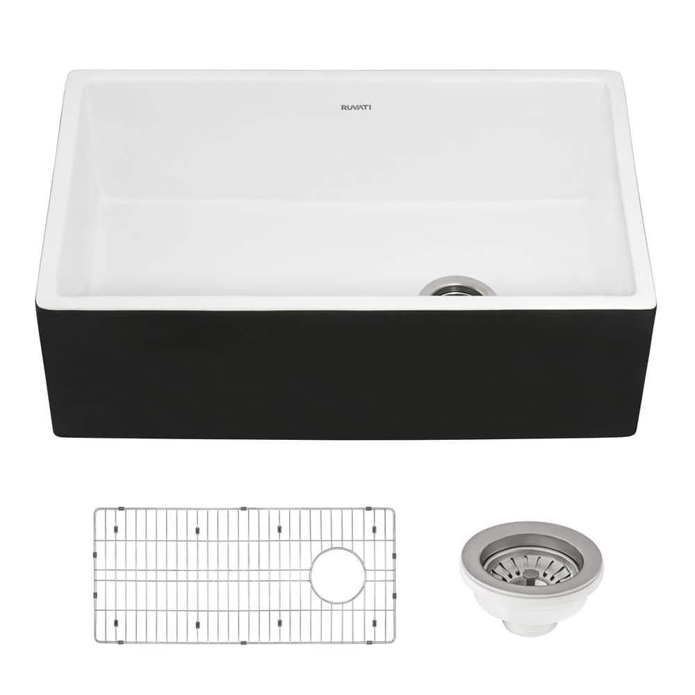 Fiamma 30 in. Farmhouse Single Bowl Fireclay Black and White Kitchen Sink and Offset Drain price history on PriceWatchPro