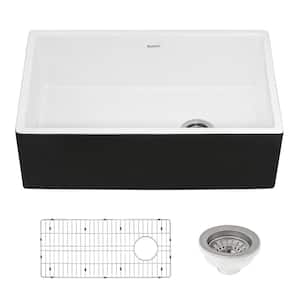 Fiamma 30 in. Farmhouse Single Bowl Fireclay Black and White Kitchen Sink and Offset Drain