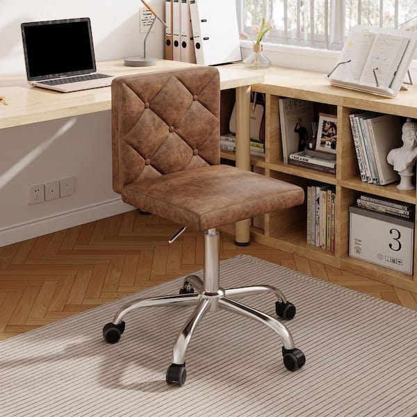 Ergonomic Office Chair with Tufted PU Leather Backrest, Adjustable Swivel Desk Chair, Brown Rolling Computer Chair