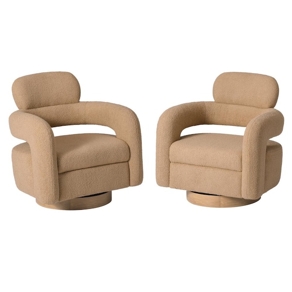 Bayville Modern 29 in. Wide Sherpa Fabric Barrel Accent Chairs with 360° Swivel in Camel (Set of 2)