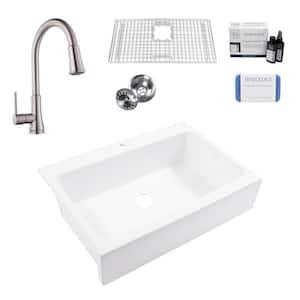 Josephine Crisp White Fireclay 34 in. Single Bowl Drop-In Kitchen Sink 1 Hole with Pfirst Faucet Kit