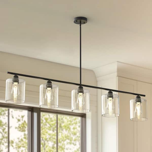 5-Light Matte Black Linear Kitchen Island Pendant Light, Modern Chandelier with Clear Glass Shades
