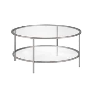 36 in. Silver Round Glass Coffee Table with Shelves;Storage