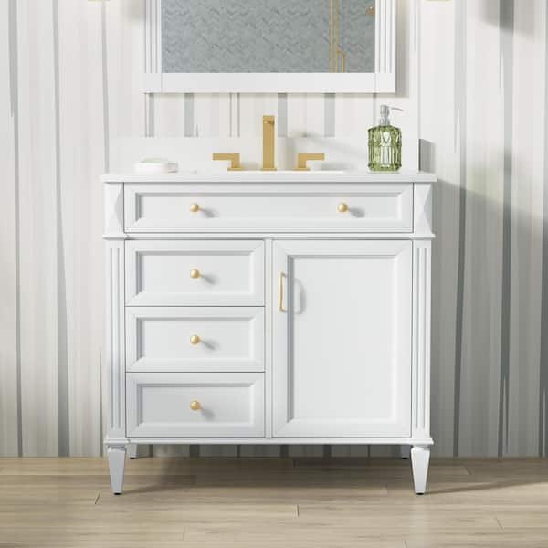36 in. W x 22 in. D x 35 in. H Solid Wood Freestanding Bath Vanity in White with Carrera White Quartz Top