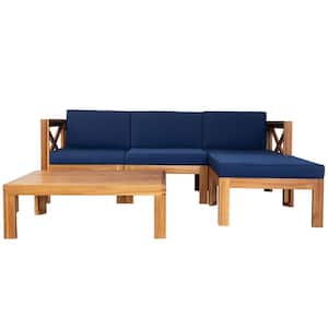 5-Piece Natural Wood Outdoor Sectional Sofa Set with Blue Cushions, Tea Table and 3 Back Pillows