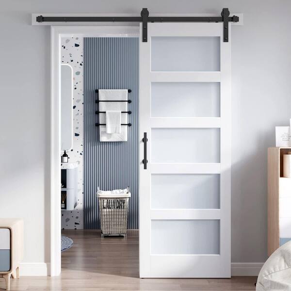 32 in. x 80 in. 5-Lite Frosted Glass White Finished MDF Wood Assembly Required Sliding Barn Door with Hardware Kit