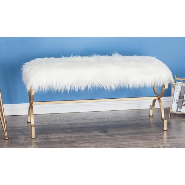 Litton Lane - Gold Bench with White Faux Fur Top 20 in. X 42 in. X 17 in.