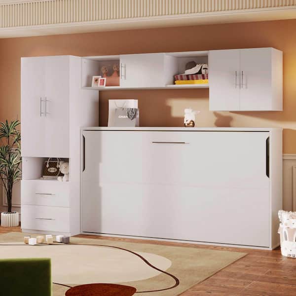 White Wood Frame Twin Size Murphy Bed with Open Shelves and Storage Drawers, Built-in Wardrobe and Table