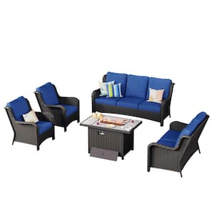 Joyoung Brown 5-Piece Wicker Patio Rectangle Fire Pit Conversation Seating Set with Navy Blue Cushions