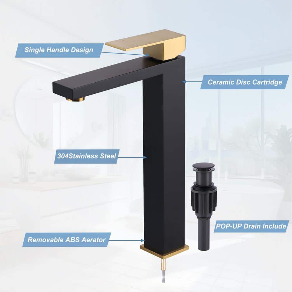 Tall Matte Black and Gold Stainless Steel Bathroom Faucet