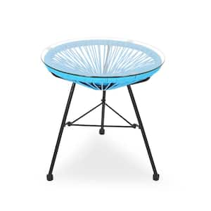 Blue Tempered Glass Outdoor Side Table.