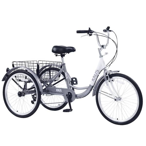 Cesicia 24 in. Wheels Silver 7 Speed Cruiser Bicycles Adult Tricycle Trikes with Large Shopping Basket
