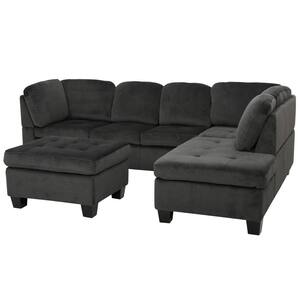 3-Piece Charcoal Fabric 6-Seater L-Shaped Sectional Sofa with Ottoman