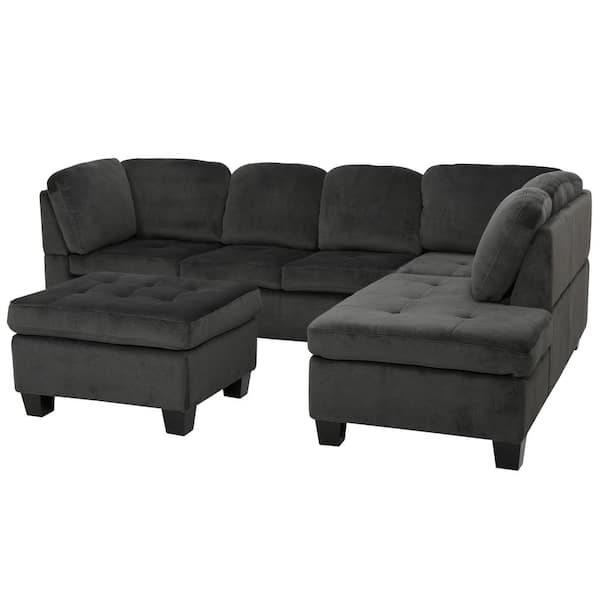 Noble House 3-Piece Charcoal Fabric 6-Seater L-Shaped Sectional Sofa with Ottoman