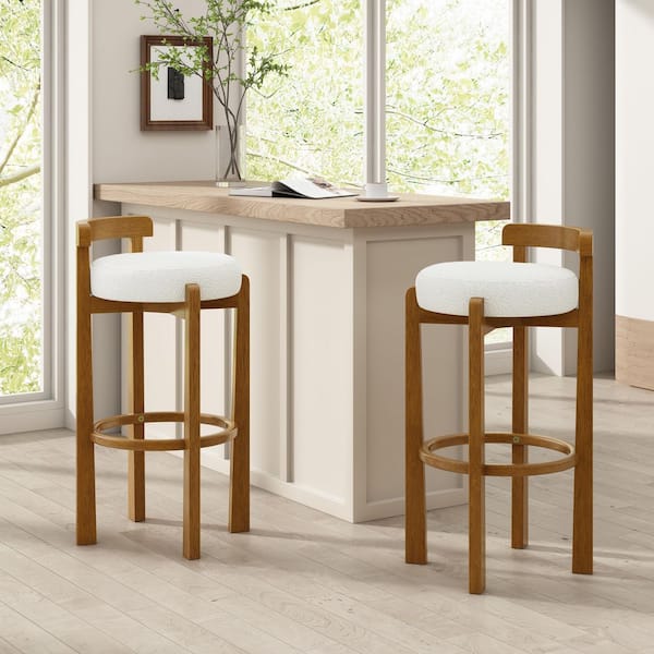 Ryan 34.25 in. H White Fabric Modern Upholstered Counter Barstools with Walnut Solid Wood Frame, (Set of 2)