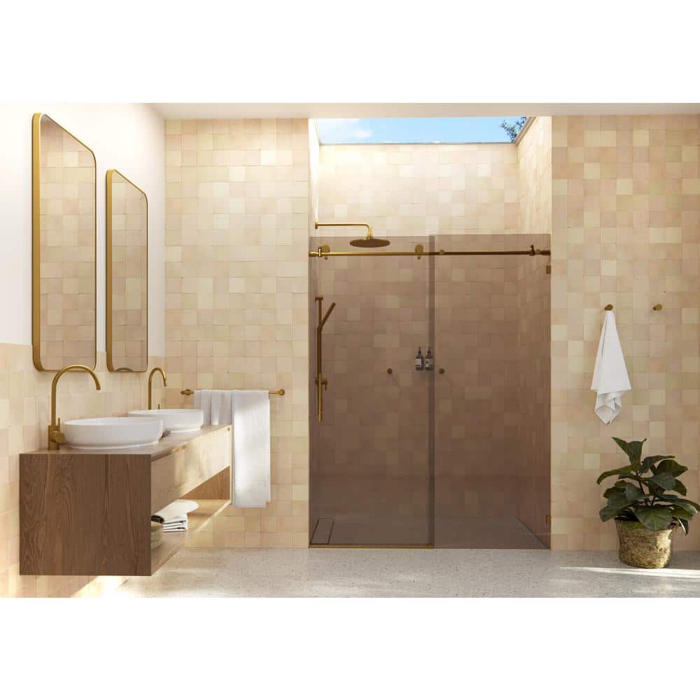 Equinox 60'' Satin Brass Frameless Tinted Sliding Shower Door