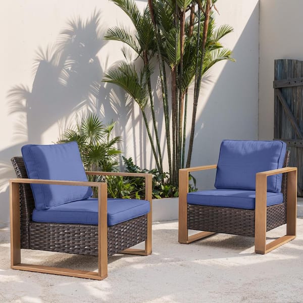 Opohoro Brown Wood-Looking Metal Armrests Wicker Outdoor Lounge Chair, Modern Armchair with Navy Blue Cushions (2-Pack)