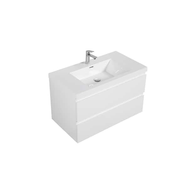 Dimakai 36 in. W Single Sink Wall-Mounted Glossy White Bath Vanity With White Resin Top Unassembled