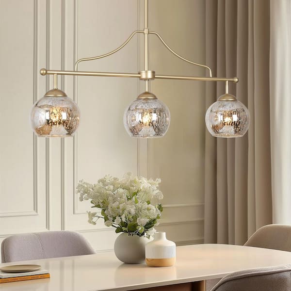 3-Light Modern Gold Kitchen Island Chandelier Lighting, Transitional Linear Pendant Hanging Light with Mercury Glass