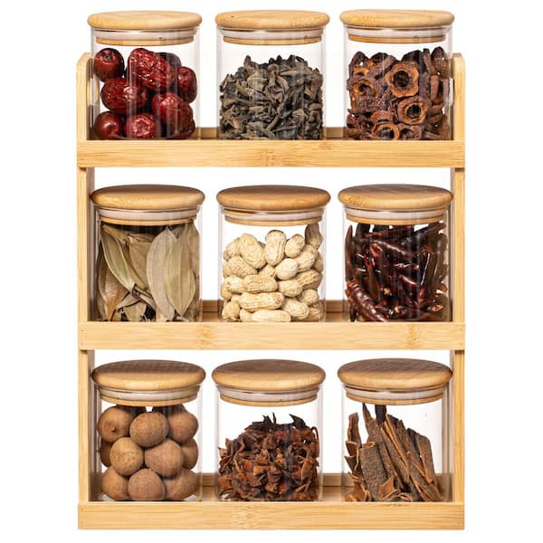 Unbranded Versatile 3-Tier Bamboo Spice Rack and Pantry Organizer with 9 Glass Jars - Perfect for Countertop Storage in Kitchens.