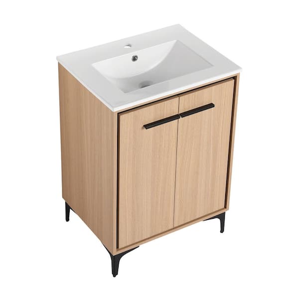 FUNKOL 18.31 in. W x 24.02 in. D x 33.86 in. H 1-Sink Freestanding Bath Vanity in Oak with White Ceramic Top