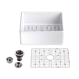 24 in. Farmhouse Apron Front Undermount Single Bowl White Fireclay Kitchen Sink with Grid and Strainer