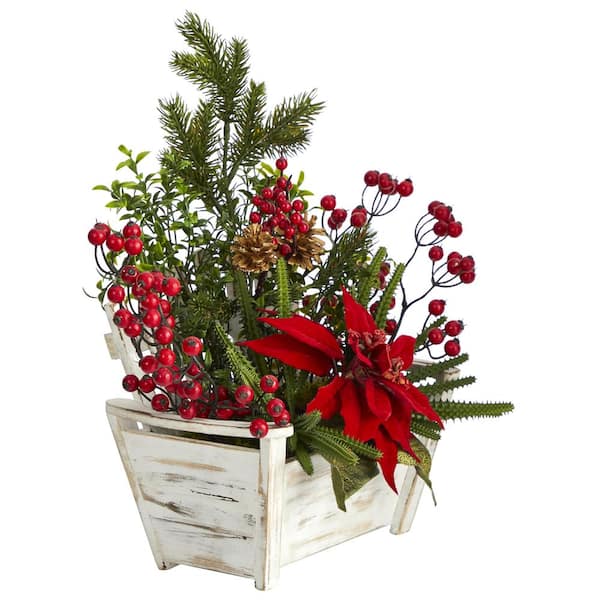 Nearly Natural 18 in. Poinsettia, Succulent and Berry Artificial  Arrangement in Bench Planter A1410 - The Home Depot