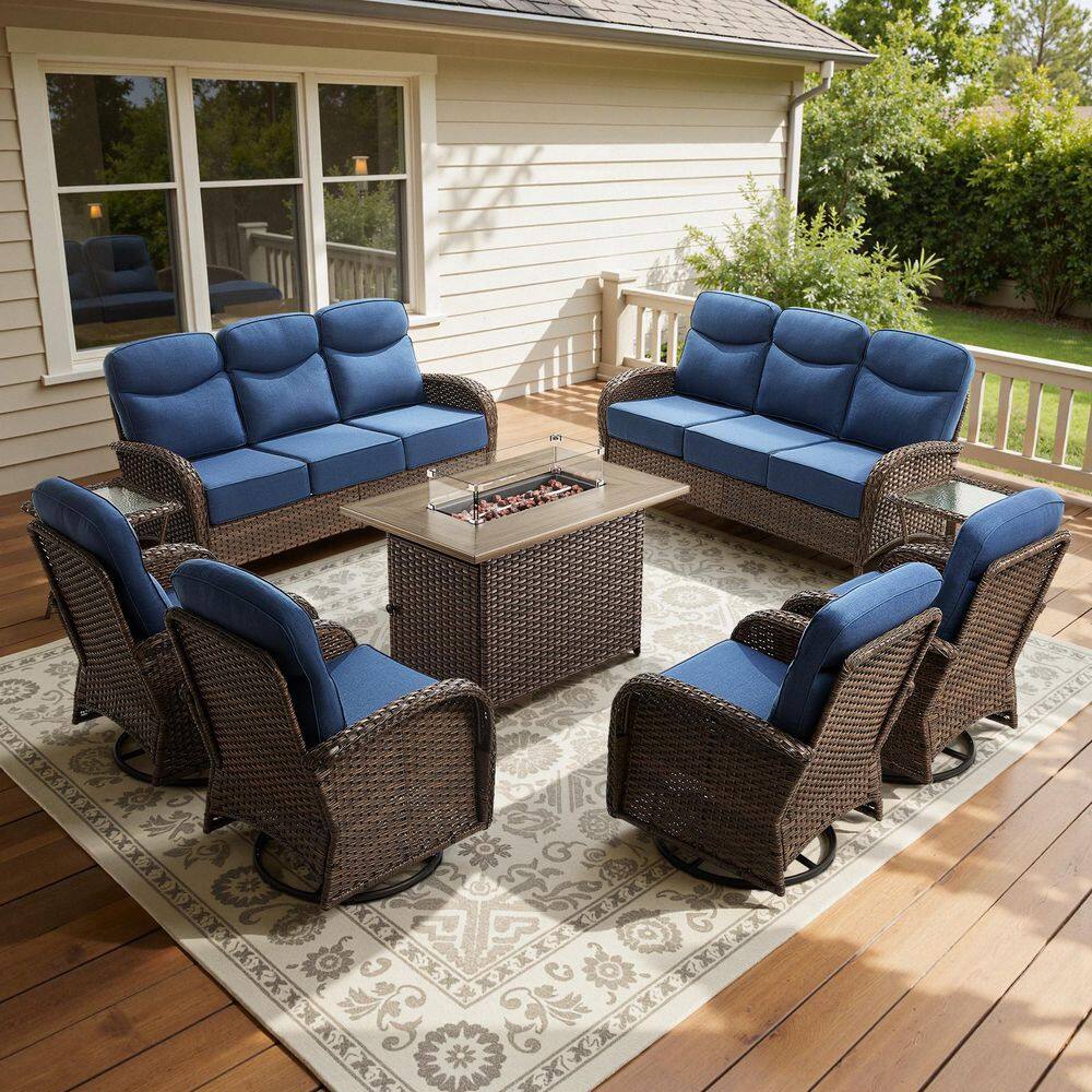 Luna Brown 9-Piece Wicker Outdoor Patio Fire Pit Conversation Set with 6-Inch Olefin Navy Blue Cushions price history on PriceWatchPro