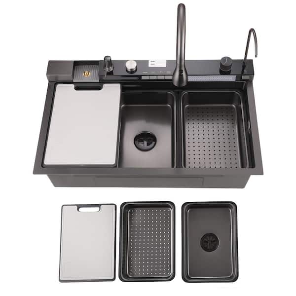 30 in. Drop-In t Single Bowl 18 Black Stainless Steel Workstation Kitchen Sink with Single Bowl, Faucet and Accessories