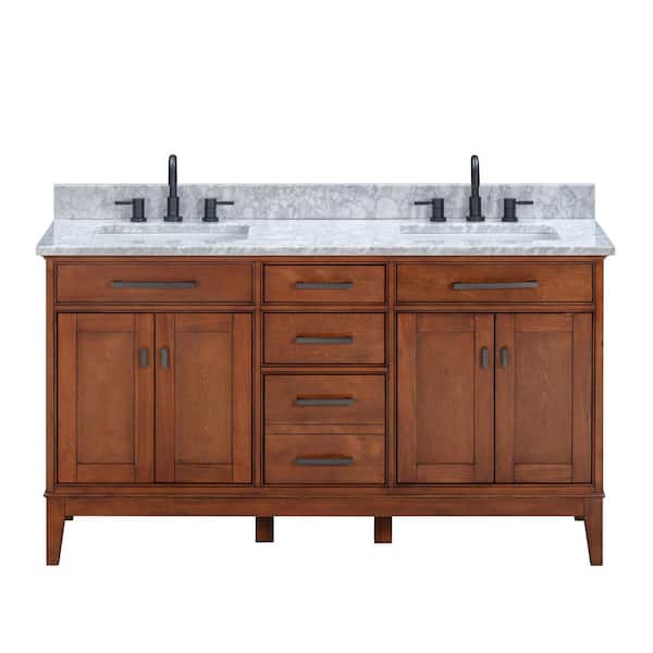 Madison 61 in. Double Sink Tobacco Bath Vanity with Carrara White Marble Top