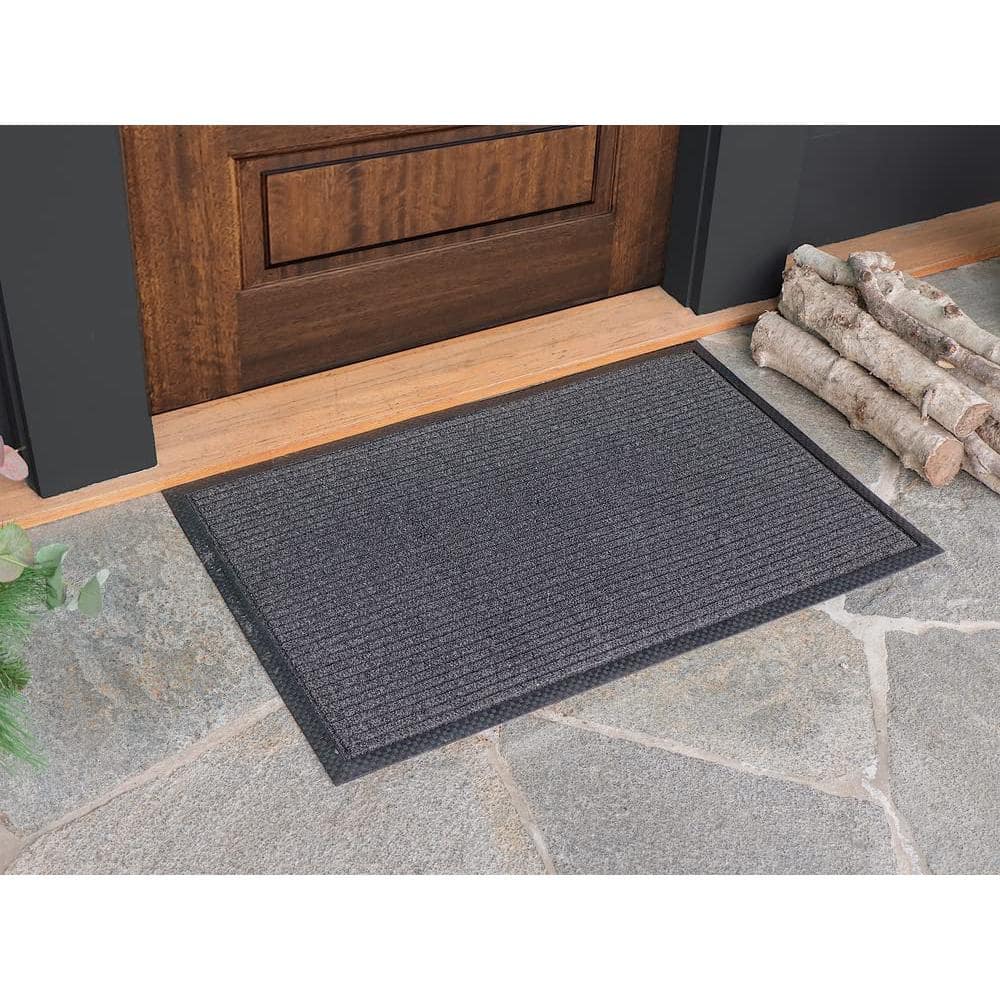 Black Striped Polypropylene Indoor Outdoor Doormat 24 x 36 Inches