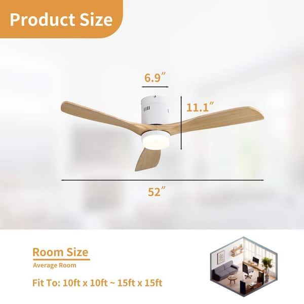 52 in. Integrated LED Indoor Flush Mount Oak Standard Ceiling Fan with Dimmable Light and Remote DC Motor