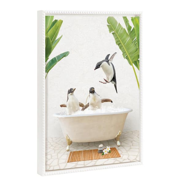 Kate and Laurel Sylvie Penguins Bali Bath 1-Piece White Framed Canvas Art Print, 18.00 in. x 24.00 in.