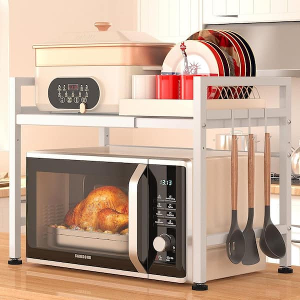 Expandable Height Adjustable Series 1-Shelf White Expandable Height Adjustable Kitchen Microwave Rack with 3 Bonus Hooks