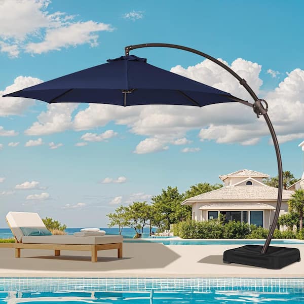JEAREY 11 ft. L Outdoor Aluminum Curvy Cantilever Offset Hanging Patio Umbrella with Sandbag Base and Cover in Navy