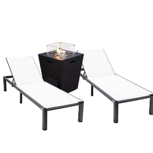 Marlin Modern Black Aluminum Outdoor Patio Chaise Lounge Chair Set of 2 with Fire Pit Table, White